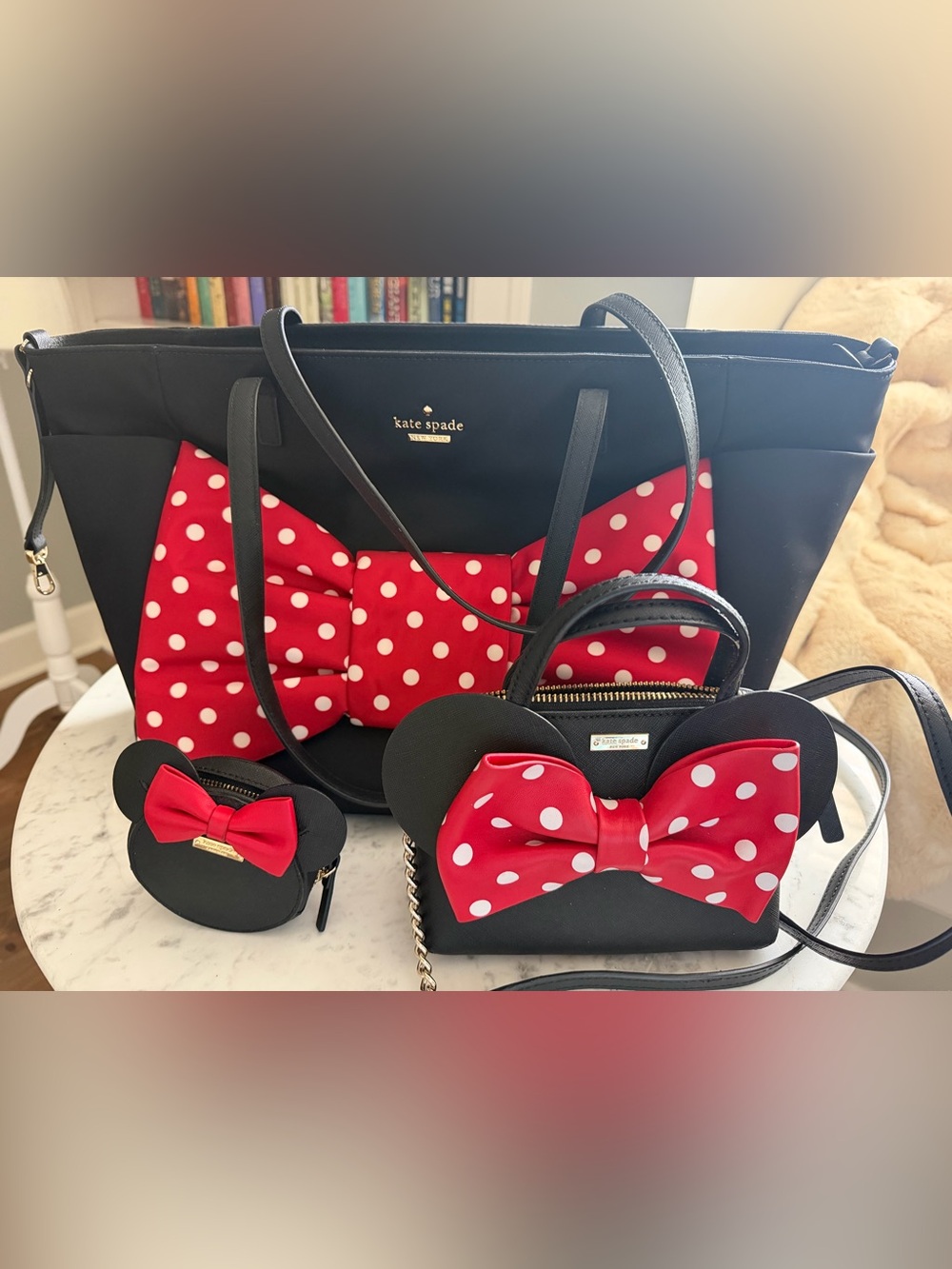 kate spade Minnie Mouse Black Handbag Set with Red Polka Dot Bows